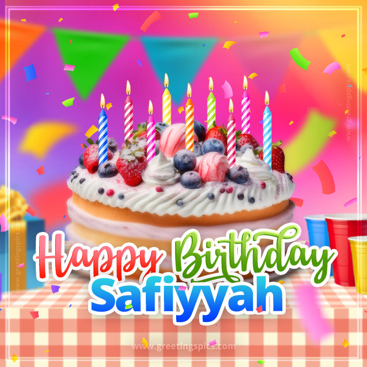 Happy Birthday Safiyyah Colorful Image with fruit cake and candles (square shape image)