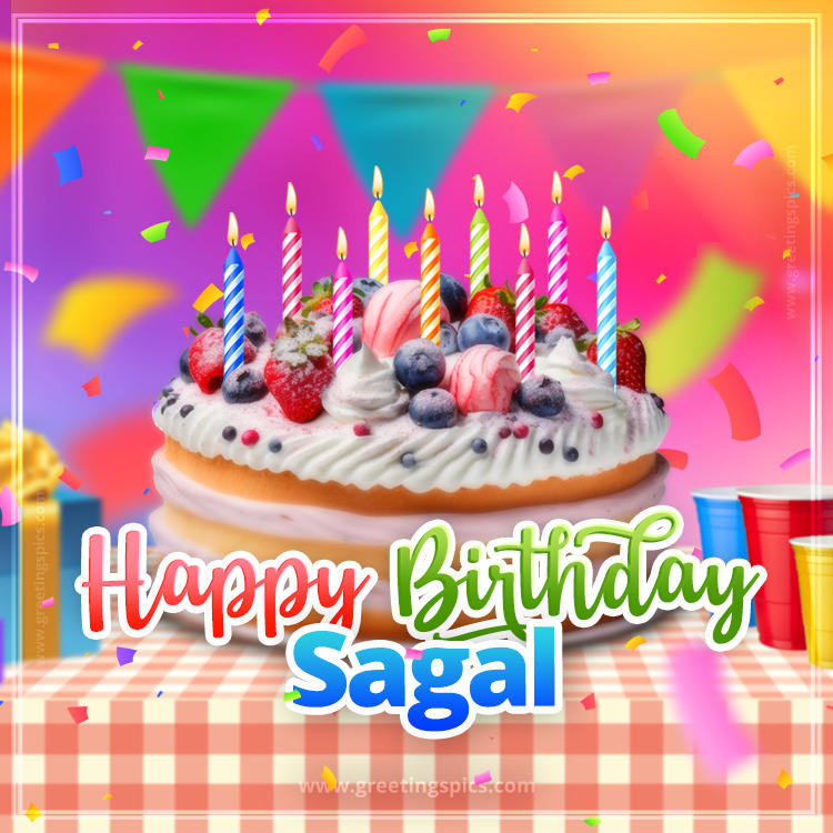 Happy Birthday Sagal Colorful Image with fruit cake and candles (square shape image)