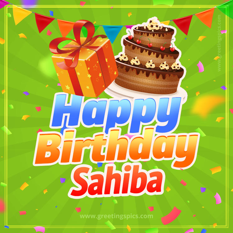 Happy Birthday Sahiba picture with flags, chocolate cake and gift box (square shape image)