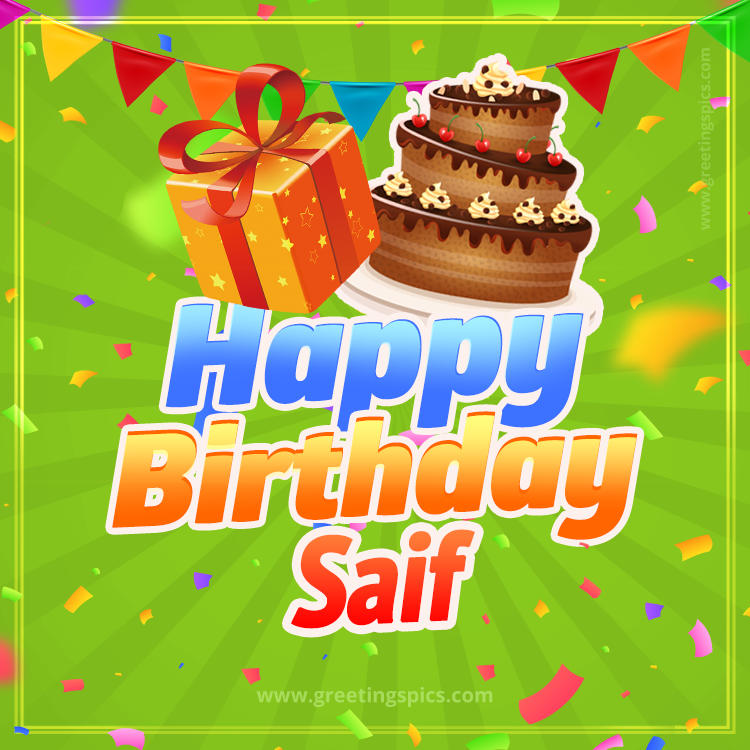 Happy Birthday Saif picture with flags, chocolate cake and gift box (square shape image)