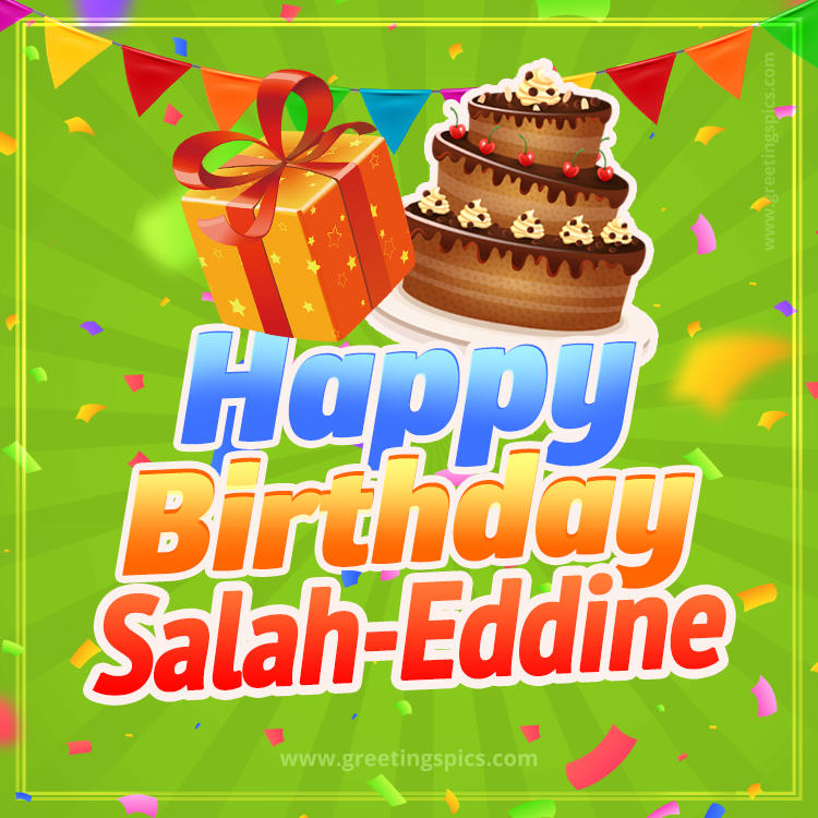 Happy Birthday Salah-Eddine picture with flags, chocolate cake and gift box (square shape image)