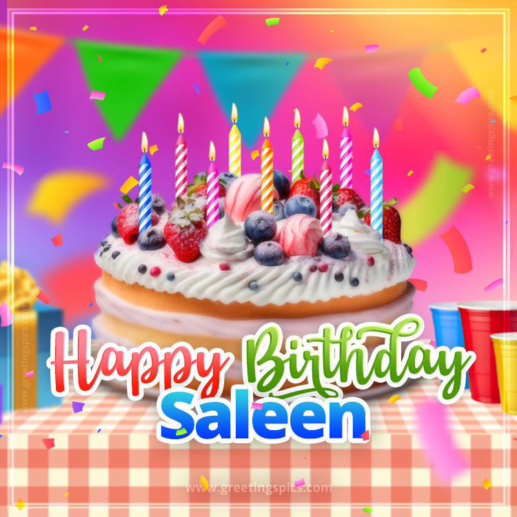 Happy Birthday Saleen Colorful Image with fruit cake and candles (square shape image)