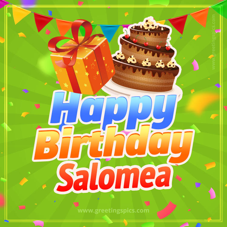 Happy Birthday Salomea picture with flags, chocolate cake and gift box (square shape image)