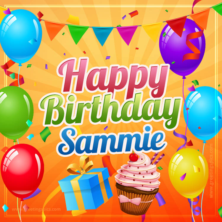 Happy Birthday Sammie eCard with gift box and cupcake (square shape image)