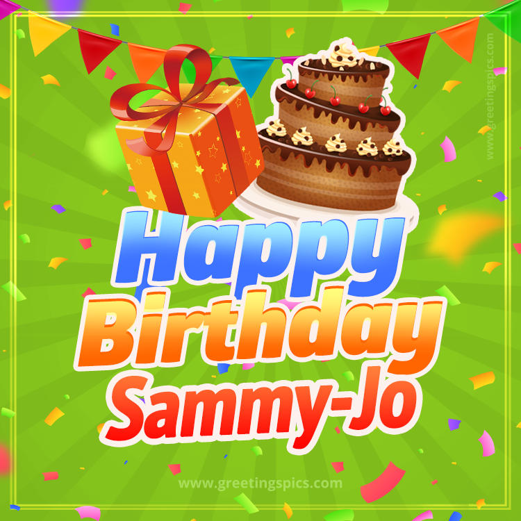 Happy Birthday Sammy-Jo picture with flags, chocolate cake and gift box (square shape image)