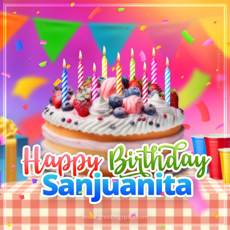 Happy Birthday Sanjuanita Colorful Image with fruit cake and candles (square shape image)