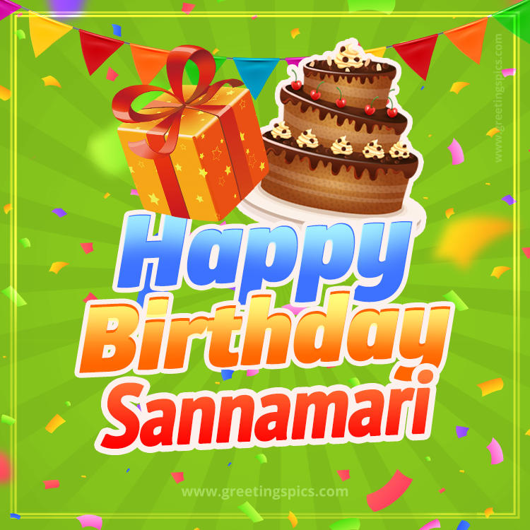 Happy Birthday Sannamari picture with flags, chocolate cake and gift box (square shape image)