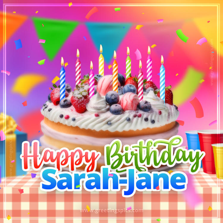 Happy Birthday Sarah-Jane Colorful Image with fruit cake and candles (square shape image)