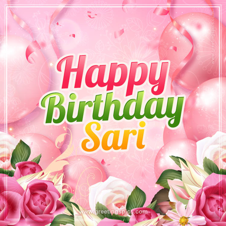 Image with gentle pink background and flowers Happy Birthday Sari (square shape image)
