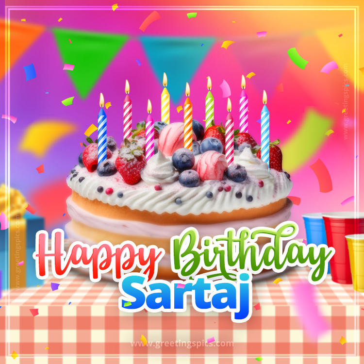 Happy Birthday Sartaj Colorful Image with fruit cake and candles (square shape image)