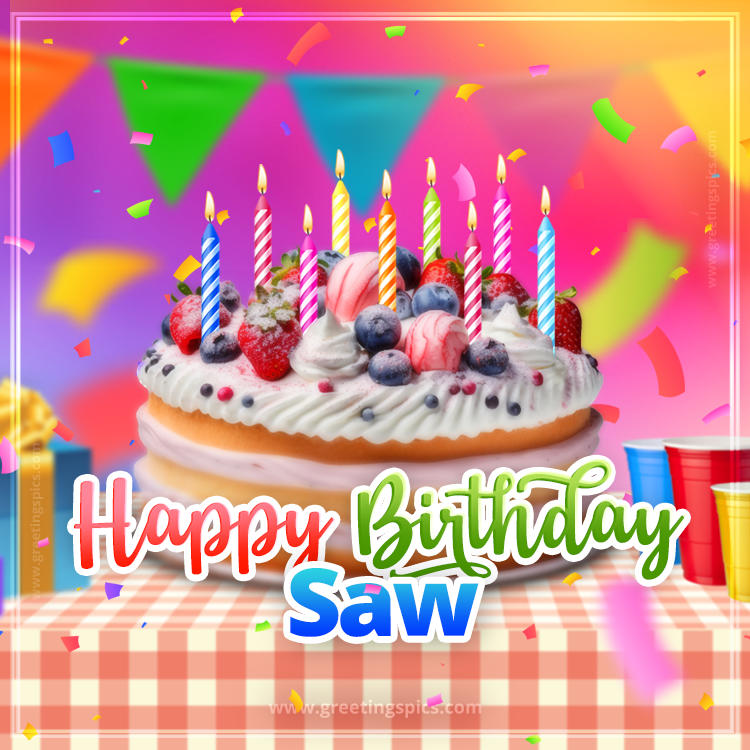 Happy Birthday Saw Colorful Image with fruit cake and candles (square shape image)