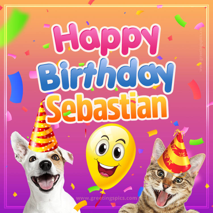 Happy Birthday Sebastian Funny Image with cat and dog (square shape image)