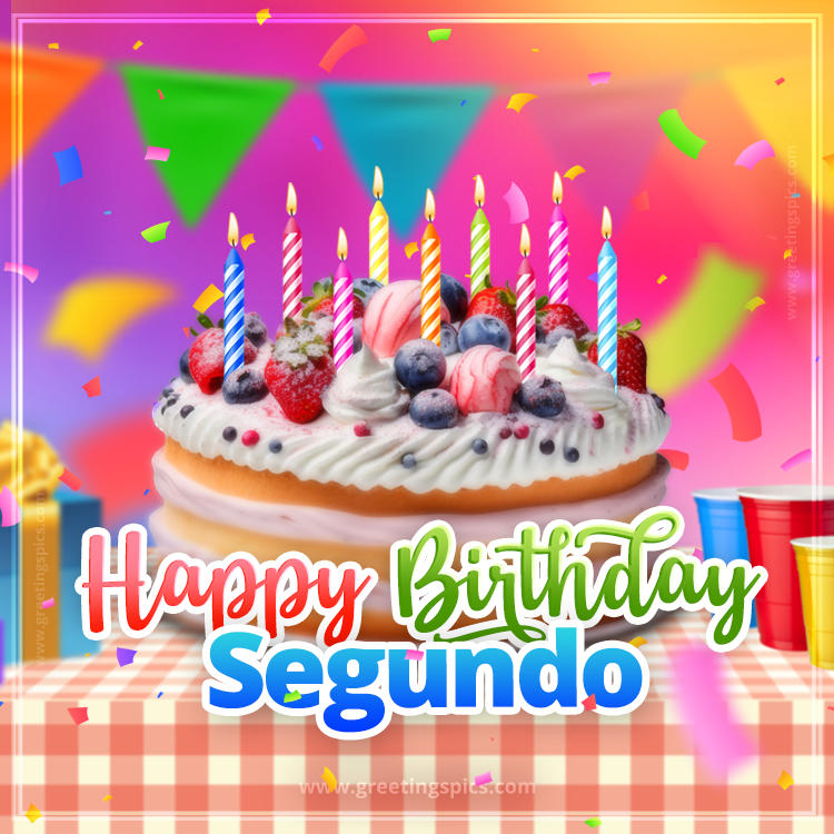 Happy Birthday Segundo Colorful Image with fruit cake and candles (square shape image)