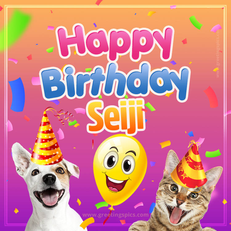 Happy Birthday Seiji Funny Image with cat and dog (square shape image)