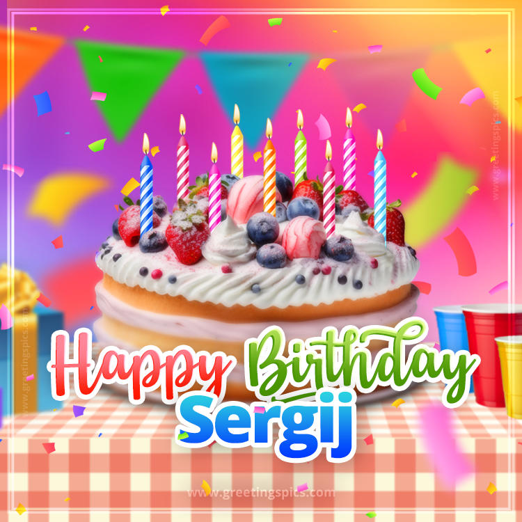 Happy Birthday Sergij Colorful Image with fruit cake and candles (square shape image)