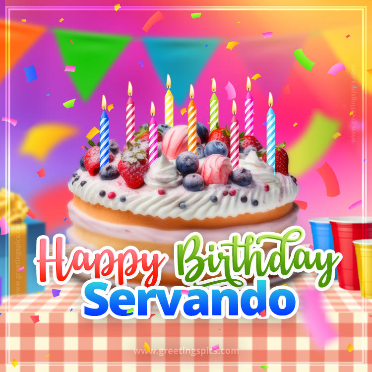 Happy Birthday Servando Colorful Image with fruit cake and candles (square shape image)