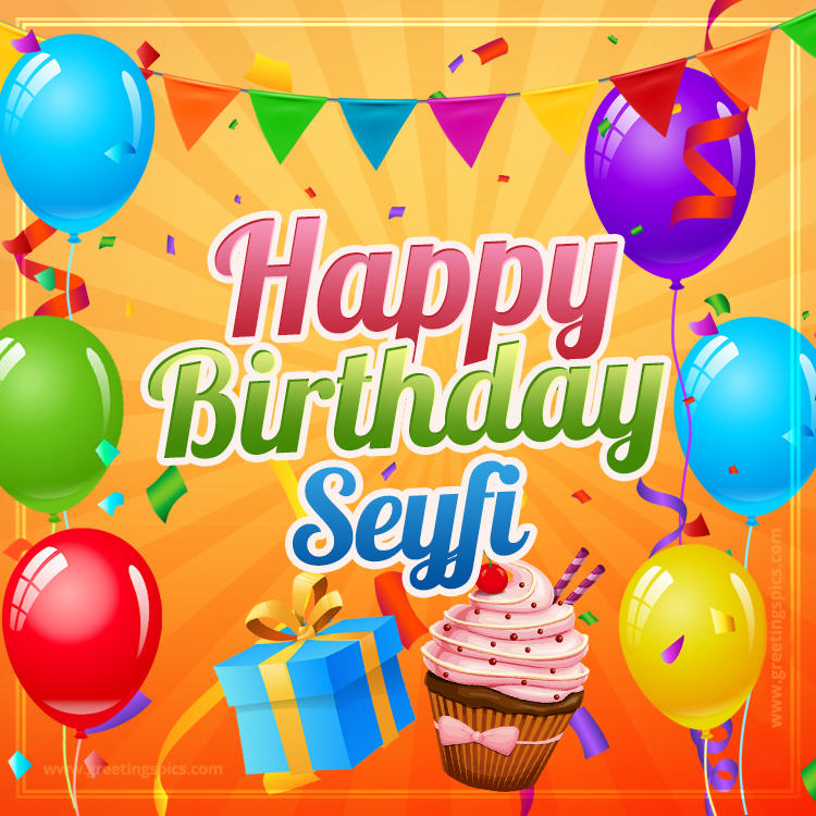 Happy Birthday Seyfi eCard with gift box and cupcake (square shape image)