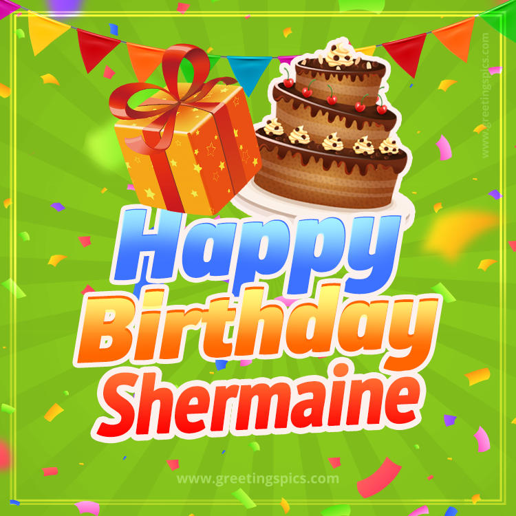 Happy Birthday Shermaine picture with flags, chocolate cake and gift box (square shape image)