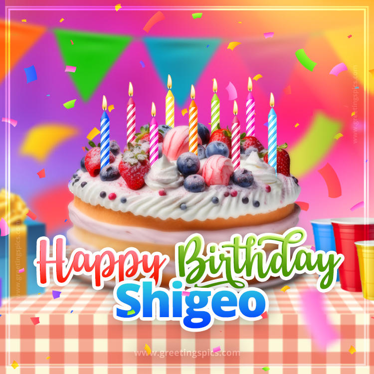 Happy Birthday Shigeo Colorful Image with fruit cake and candles (square shape image)