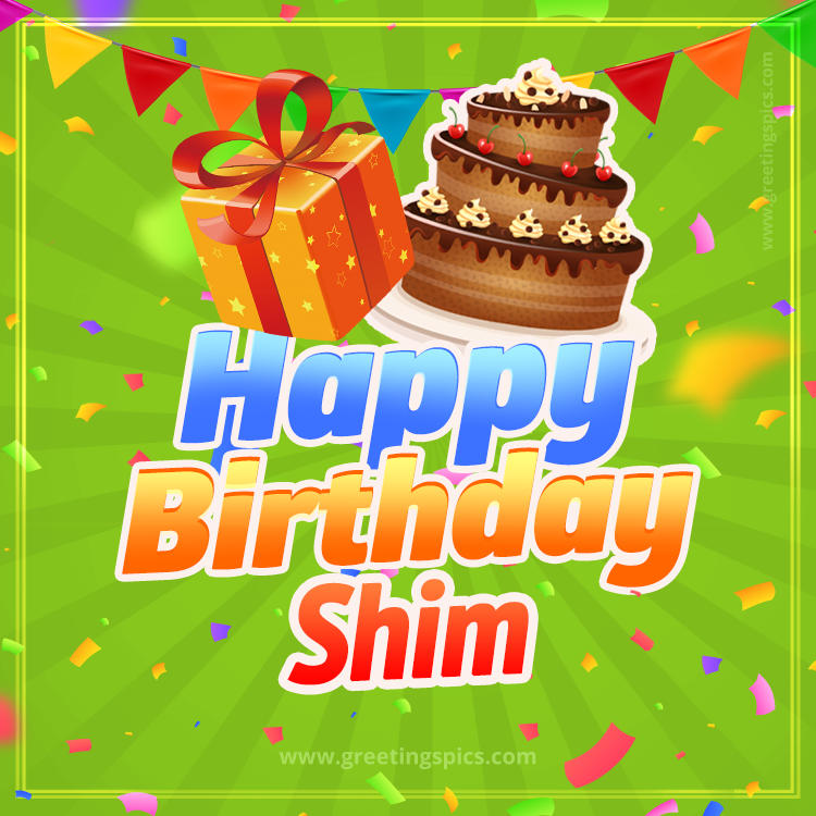 Happy Birthday Shim picture with flags, chocolate cake and gift box (square shape image)