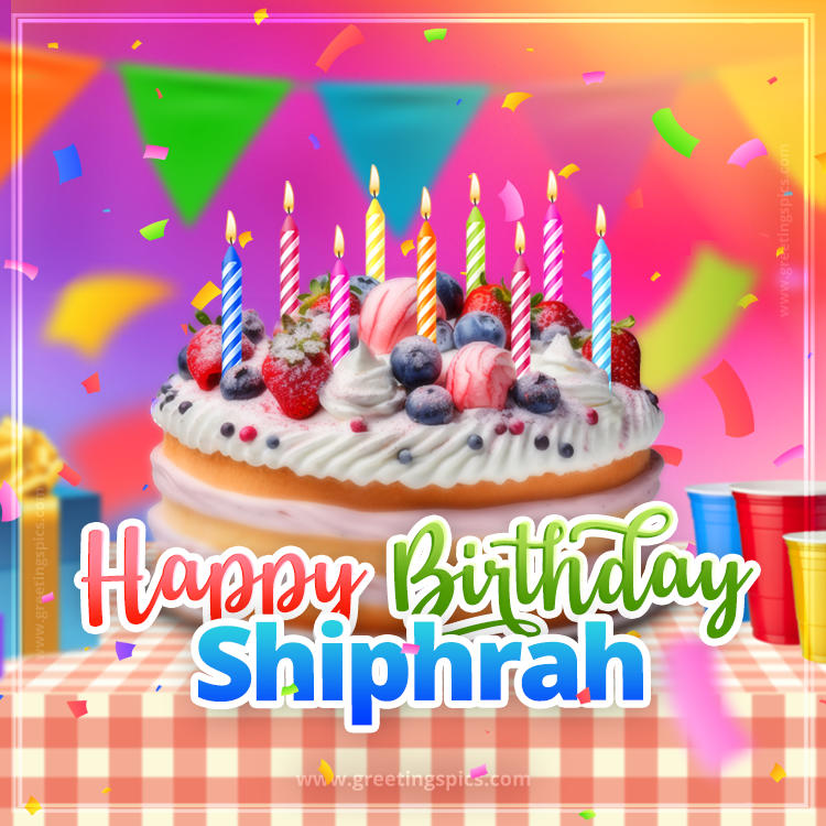 Happy Birthday Shiphrah Colorful Image with fruit cake and candles (square shape image)