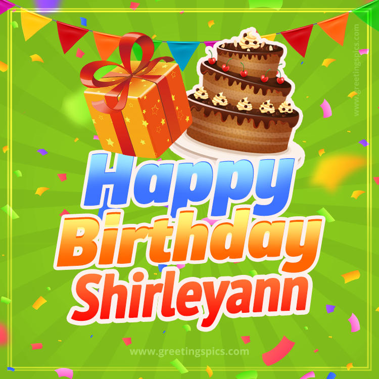 Happy Birthday Shirleyann picture with flags, chocolate cake and gift box (square shape image)