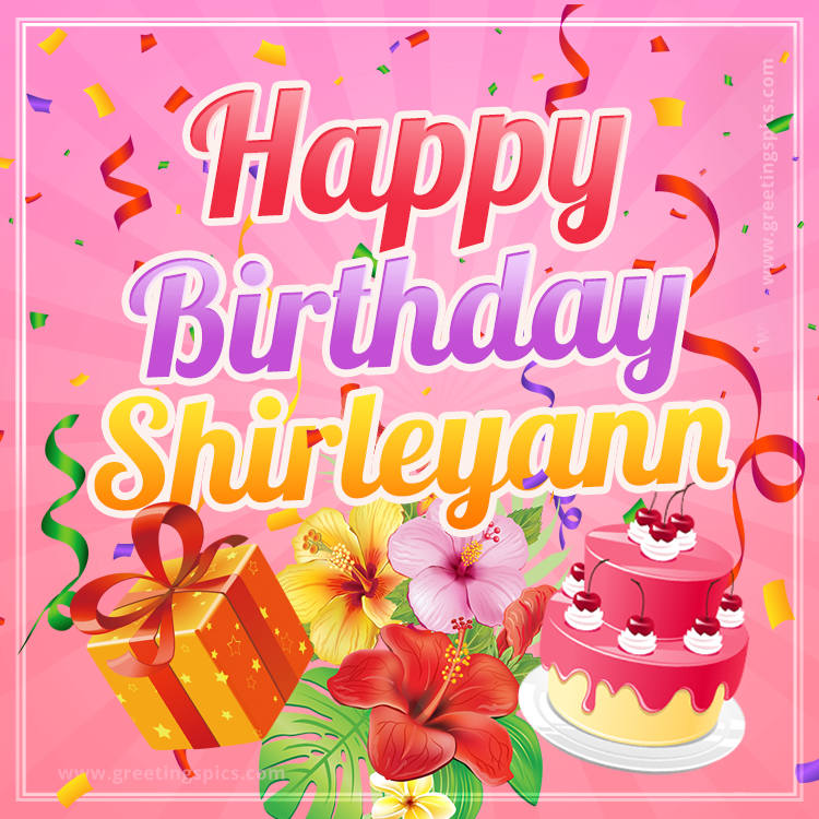 Beautiful Birthday Card for Shirleyann with Cake and bouquet of flowers (square shape image)