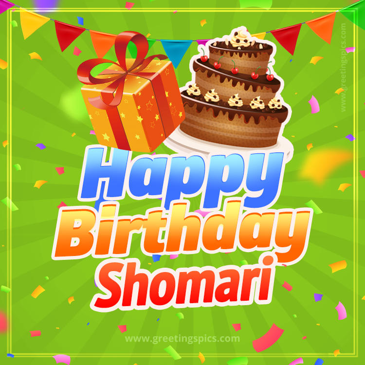 Happy Birthday Shomari picture with flags, chocolate cake and gift box (square shape image)