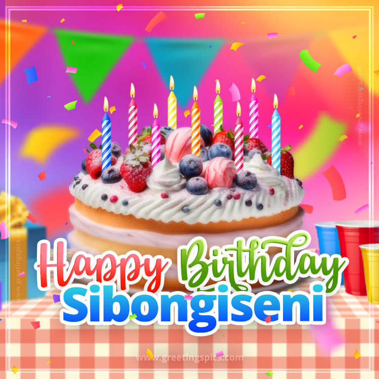 Happy Birthday Sibongiseni Colorful Image with fruit cake and candles (square shape image)