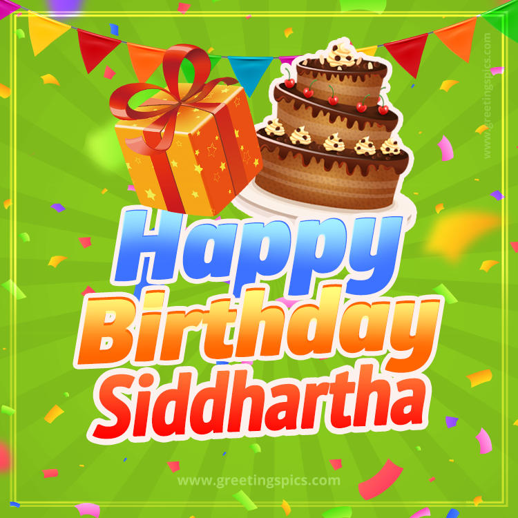 Happy Birthday Siddhartha picture with flags, chocolate cake and gift box (square shape image)