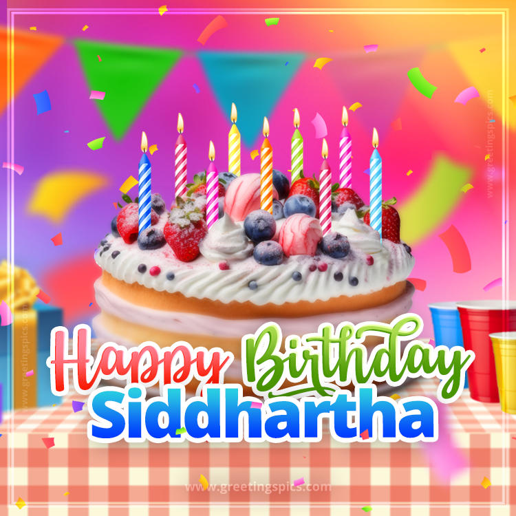 Happy Birthday Siddhartha Colorful Image with fruit cake and candles (square shape image)