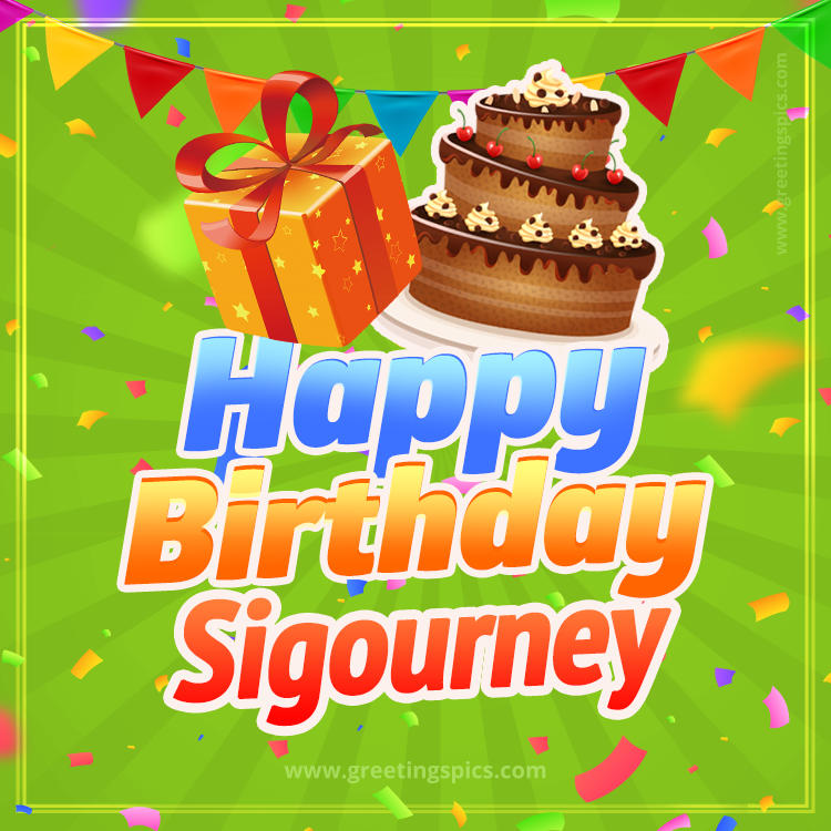 Happy Birthday Sigourney picture with flags, chocolate cake and gift box (square shape image)