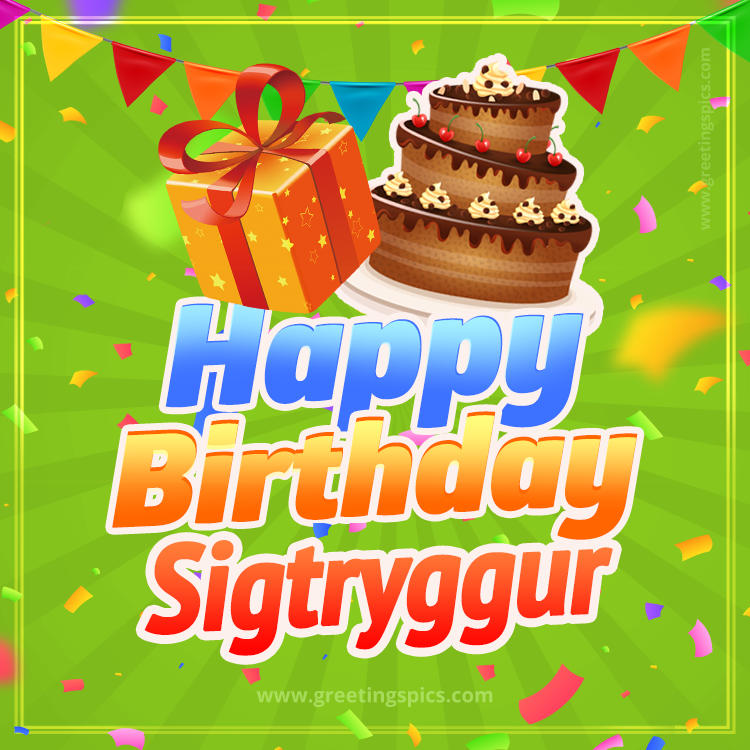 Happy Birthday Sigtryggur picture with flags, chocolate cake and gift box (square shape image)