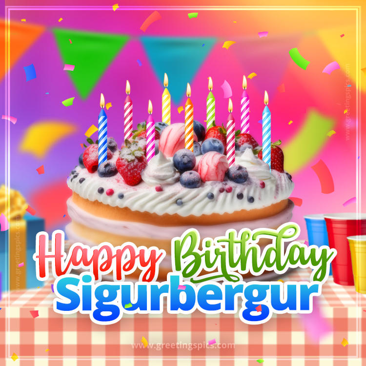 Happy Birthday Sigurbergur Colorful Image with fruit cake and candles (square shape image)