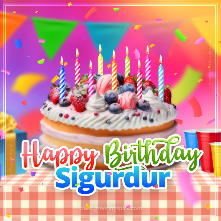 Happy Birthday Sigurdur Colorful Image with fruit cake and candles (square shape image)