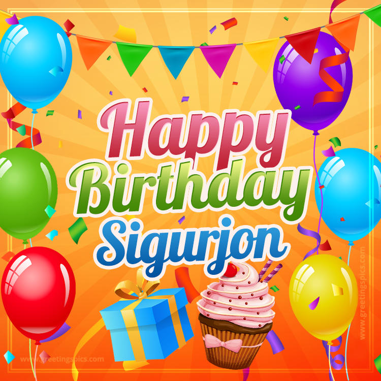 Happy Birthday Sigurjon eCard with gift box and cupcake (square shape image)