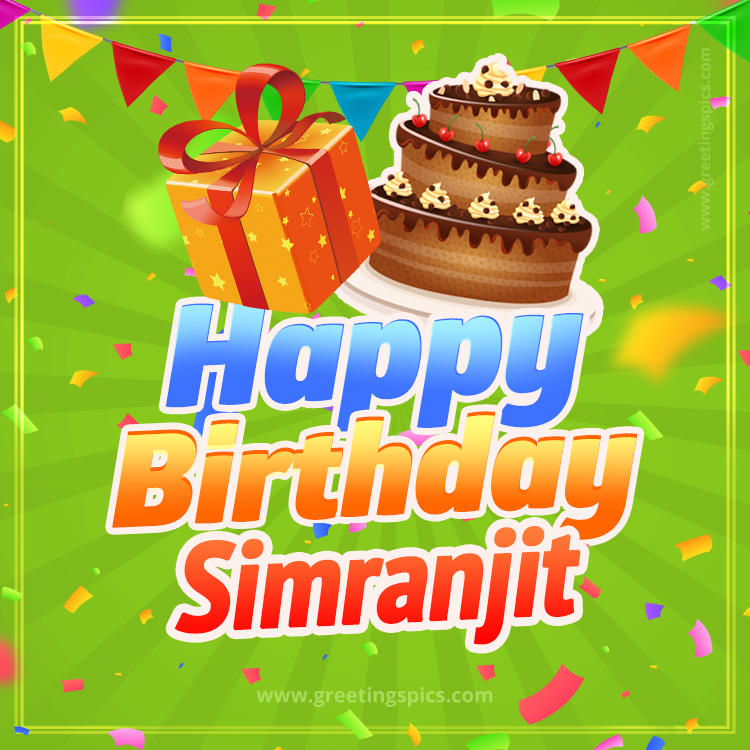 Happy Birthday Simranjit picture with flags, chocolate cake and gift box (square shape image)