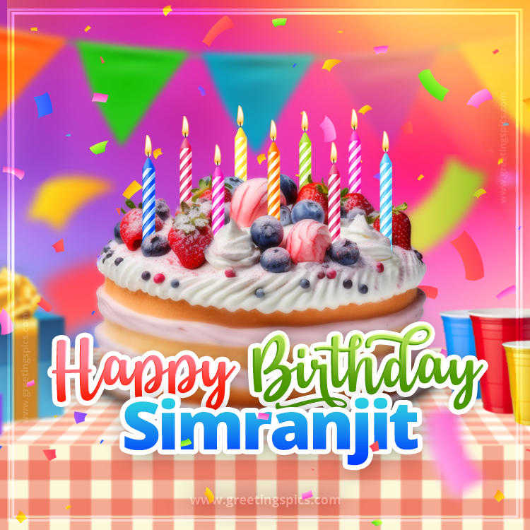 Happy Birthday Simranjit Colorful Image with fruit cake and candles (square shape image)