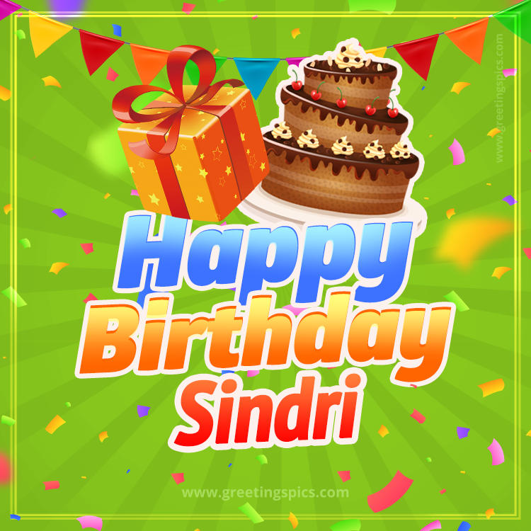 Happy Birthday Sindri picture with flags, chocolate cake and gift box (square shape image)