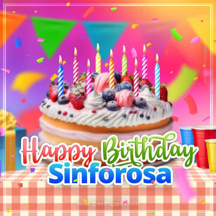 Happy Birthday Sinforosa Colorful Image with fruit cake and candles (square shape image)