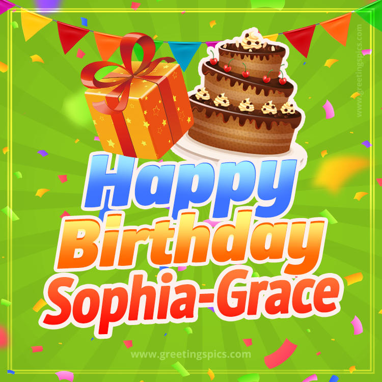 Happy Birthday Sophia-Grace picture with flags, chocolate cake and gift box (square shape image)