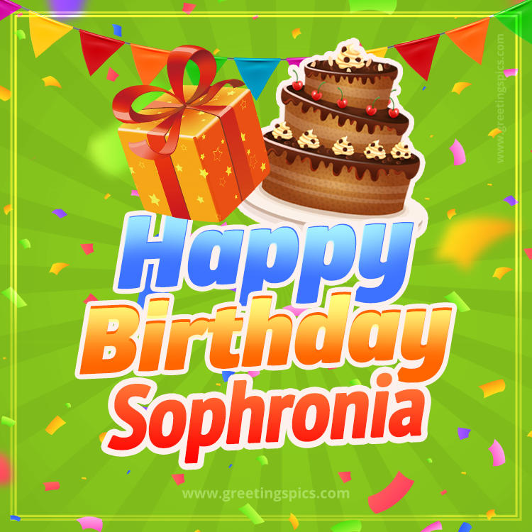 Happy Birthday Sophronia picture with flags, chocolate cake and gift box (square shape image)