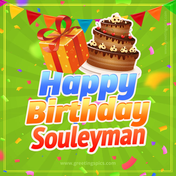 Happy Birthday Souleyman picture with flags, chocolate cake and gift box (square shape image)