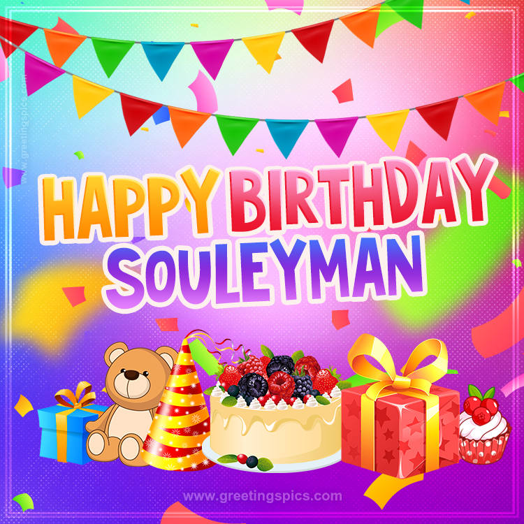 Bright card with Wishes for a Happy Birthday for Souleyman (square shape image)