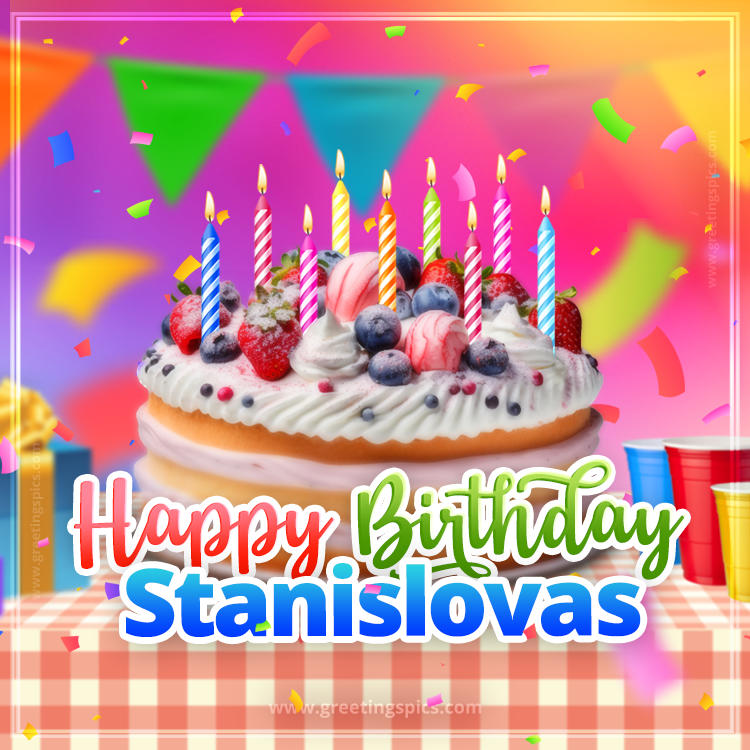 Happy Birthday Stanislovas Colorful Image with fruit cake and candles (square shape image)