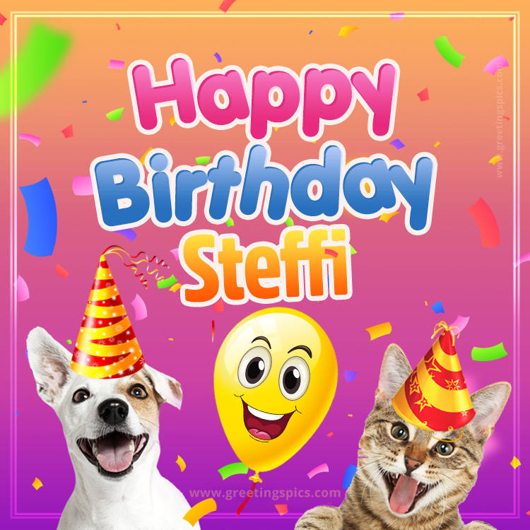 Happy Birthday Steffi Funny Image with cat and dog (square shape image)