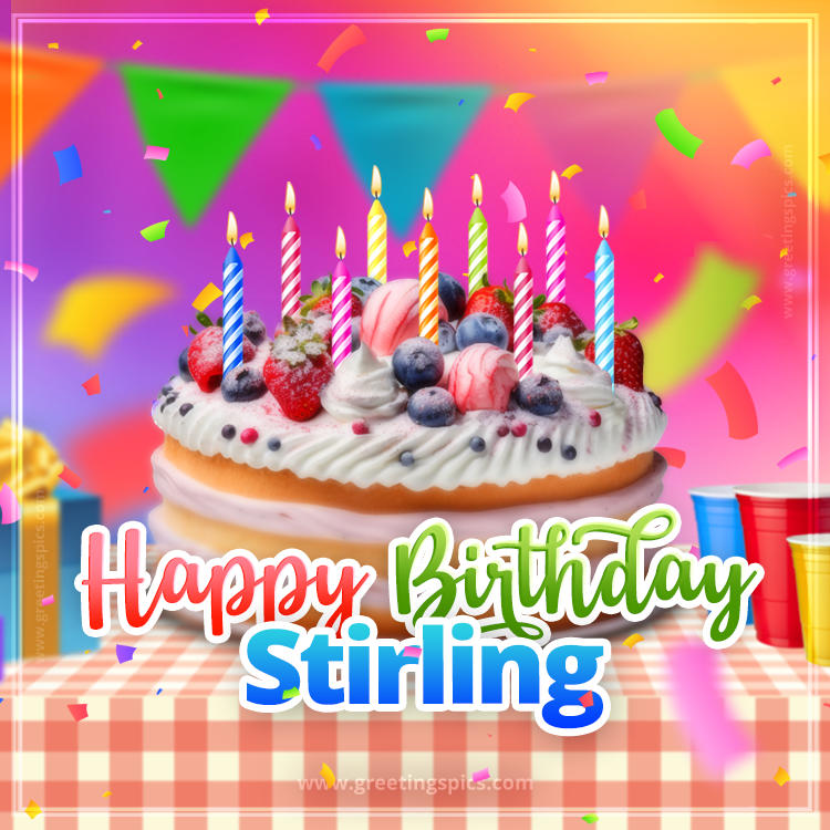 Happy Birthday Stirling Colorful Image with fruit cake and candles (square shape image)