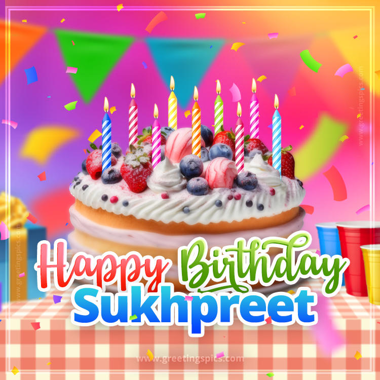 Happy Birthday Sukhpreet Colorful Image with fruit cake and candles (square shape image)