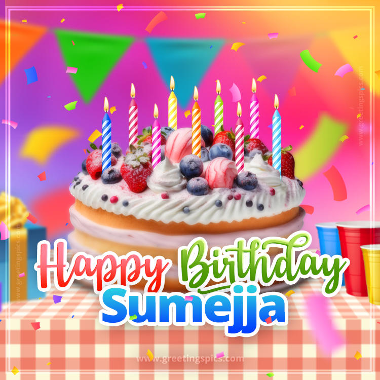 Happy Birthday Sumejja Colorful Image with fruit cake and candles (square shape image)