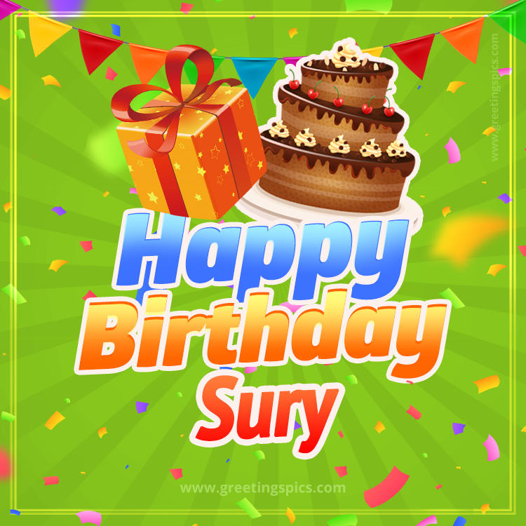 Happy Birthday Sury picture with flags, chocolate cake and gift box (square shape image)